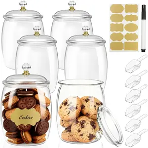 6 PCS Plastic Candy Jars with Lids, 2.2L 74oz Airtight Food Storage Canisters, Apothecary Cookie Jars for Kitchen Pantry, Includes 6 Scoops, Pen & Labels