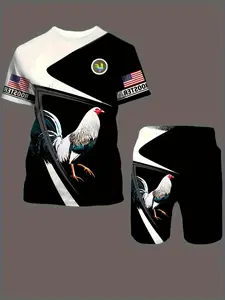 Men's Summer Set, Short Sleeve Round Neck Tee & Drawstring Shorts with Pocket Design, Casual Fitted All Season Wear