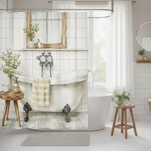 Vintage Bathtub Shower Curtain, French Bathroom Scene Pattern, Home Bath Decor Divider, Privacy Screen, Balcony Partition Cloth, Includes Hooks