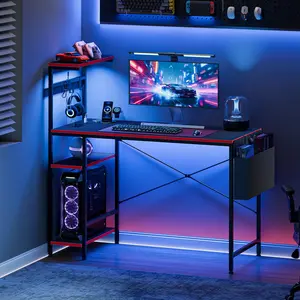 LEMY Gaming Desk with Power Outlets 44 Inch LED Computer Desk with Side Storage Bag for Bedroom Home Office Black 7 Color Modes Adjustable Shelves Easy Assembly