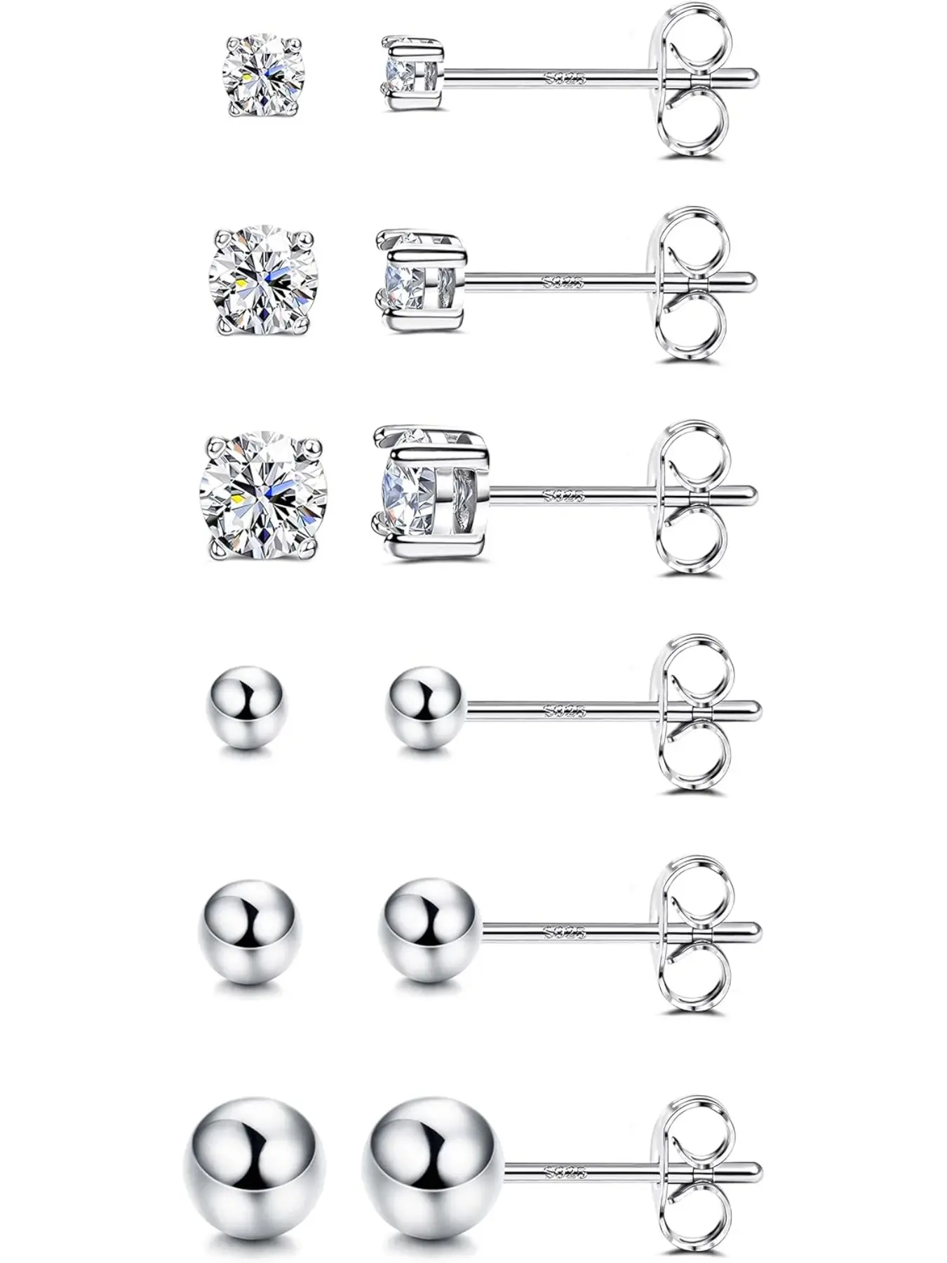 6 Pairs Sterling Silver Stud Earrings for Women, Cubic Zirconia Stud Earrings, Tiny Ball Stud Hypoallergenic Earrings, Small Tragus Cartilage Earrings Set for Men 2mm,3mm,4mm, Hypoallergenic CZ Earrings, Stud Earring Jewelry