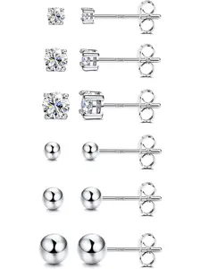 6 Pairs Sterling Silver Stud Earrings for Women, Cubic Zirconia Stud Earrings, Tiny Ball Stud Hypoallergenic Earrings, Small Tragus Cartilage Earrings Set for Men 2mm,3mm,4mm, Hypoallergenic CZ Earrings