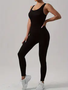 Women's Seamless Ribbed One-Piece Yoga Outfit Sleeveless Fitness Jumpsuit Workout Set High Waisted Soft Leggings