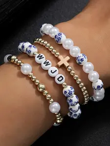 4pcs Bohemian Boho Style Bracelet, Blue and Porcelain Faux Pearl, Beaded, Wwjd Jewelry, Christian Gift for Women and Men