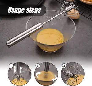 Stainless Steel Egg Whisk - Easy to Use Semi-Automatic Push-Down Zip Whisker - Rotary Hand Mixer for Beating Eggs, Frothing Milk, Blending, Mixing, Whipping Smoothies & Shakes、