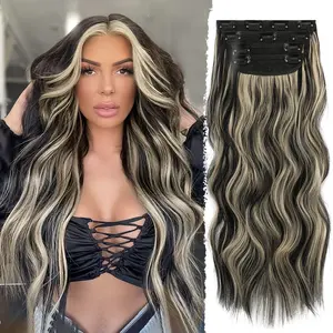 Clip in Hair Extensions 4PCS Long Wavy Natural & Soft Hairpieces for Women 20 Inch synthetic hair extensions for Women (Natural Black Pink)