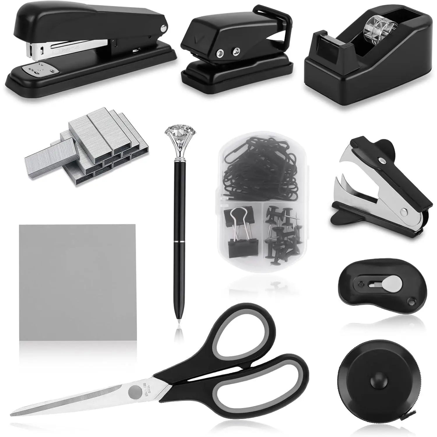 Black Plastic Steel Multi-Tool Desk Accessory Kit, Cute Look Gift Packaged Office Supplies Set with Staples, Includes Stapler, Staple Remover, Hole Punch, Tape Dispenser, Ballpoint Pen, Scissors, Mini Box Cutter, Tape Measure, Paper Clips, Sticky Notes, P