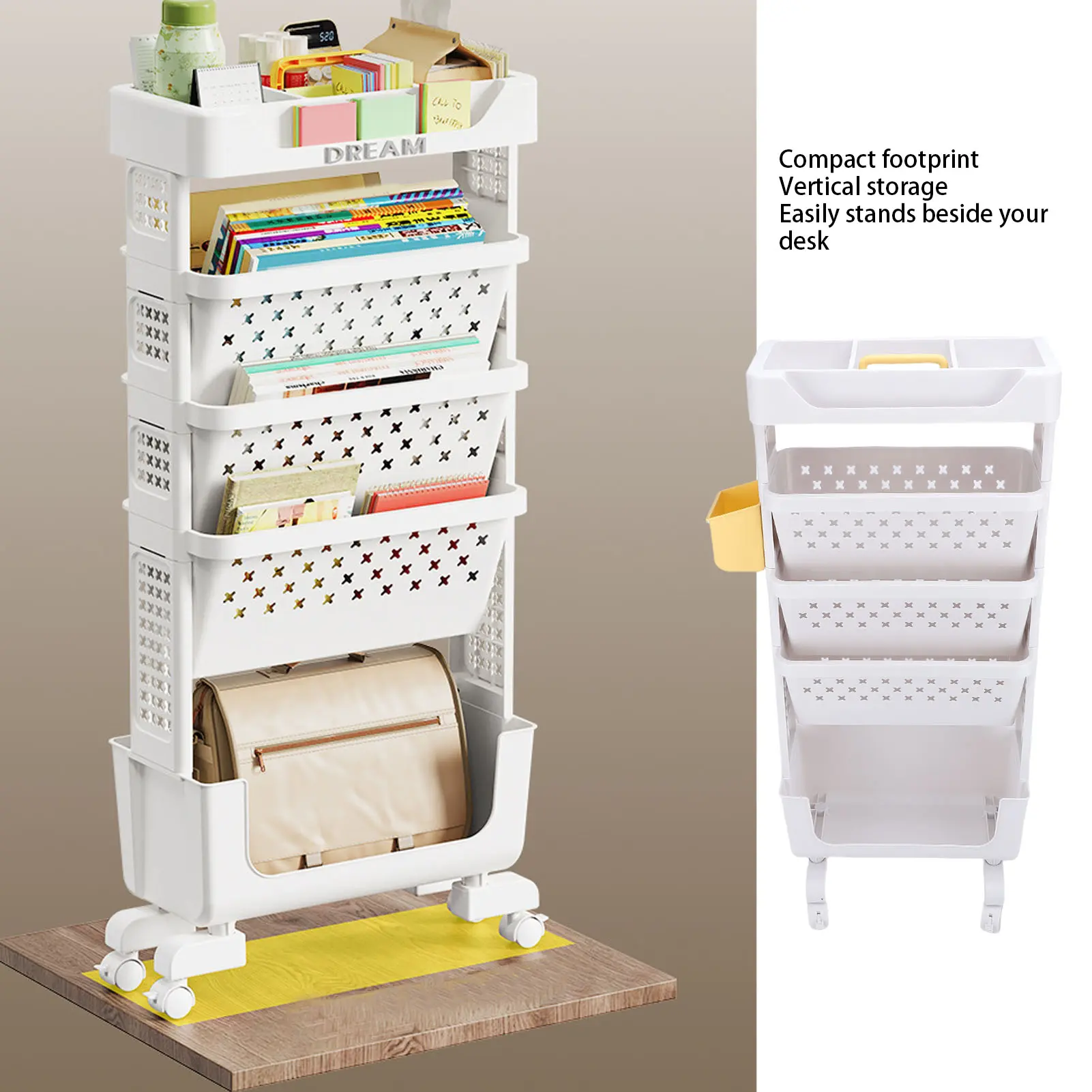 5-Layer PP Rolling Book Cart Set Package, Space-Saving Multifunctional Movable Display Shelving & Storage Organizer with Lockable Casters, Cup Holder & 23 Pieces, Bedroom Office Storage Room Accessories (85x25.7x44.9cm)