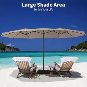 Khaki 15ft Patio Umbrella Double-Sided with Base & Crank for Patio Lawn Garden Poolside Market Style Father's Day Gifts