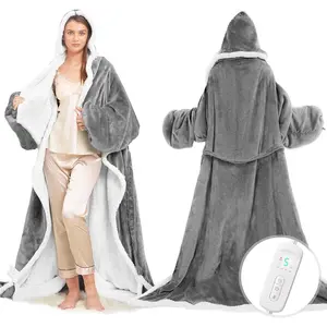 Wearable heated blanket with foot pocket, electric throw blanket with sleeves and hood, 8 heat settings, auto shut-off after 1–10 hours, portable gift for family and friends, 50×70 inches