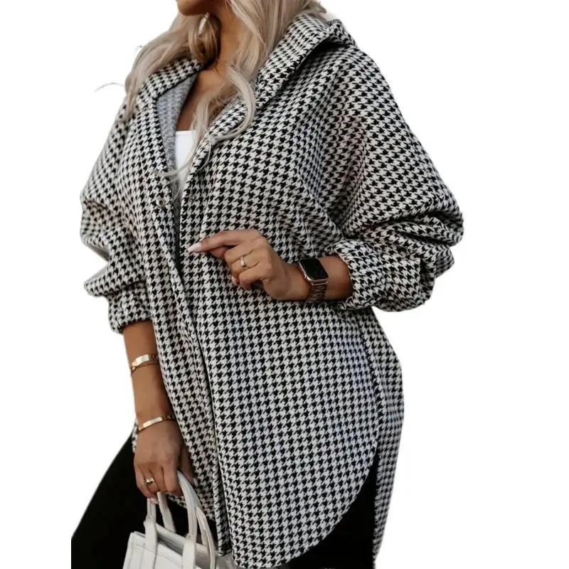 Women's Elegant Plaid Houndstooth Long Cardigan - Casual Open Front Loose Fit All Season Coatigan for Autumn Winter Commuting, Machine Washable