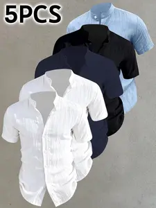 5-Piece Men's Summer Short Sleeve Shirts, Lightweight Breathable Solid Button Casual Shirts, Top, Stand Collar, Beach Party Gift