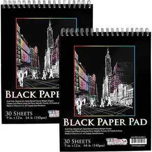 9x12 Premium Heavy-Weight Black Paper Sketchbook, 64lb (140gsm), 2 Pack, 30 Sheets, Spiral Bound, Black Paper Notebook for Colored Pencil, Markers, Oil Pastels, Chalk, Charcoal