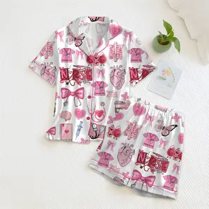 Nurse Satin Pajama Set for Women, Pink Medical Print Short Sleeve Button Up Sleepwear, Cute Pajama Shorts Set Gift for Her