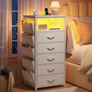 [with Free Gifts] Raybee Tall Nightstand with LED Lights & Charging Station, Narrow  Dresser with 5 Drawers & Side Pockets & Hanging Hooks, Tall Storage Tower End Side Table for Living Room, Dorms, Apartment, Entryway, Bedside Organizer Hub, Printer Stand
