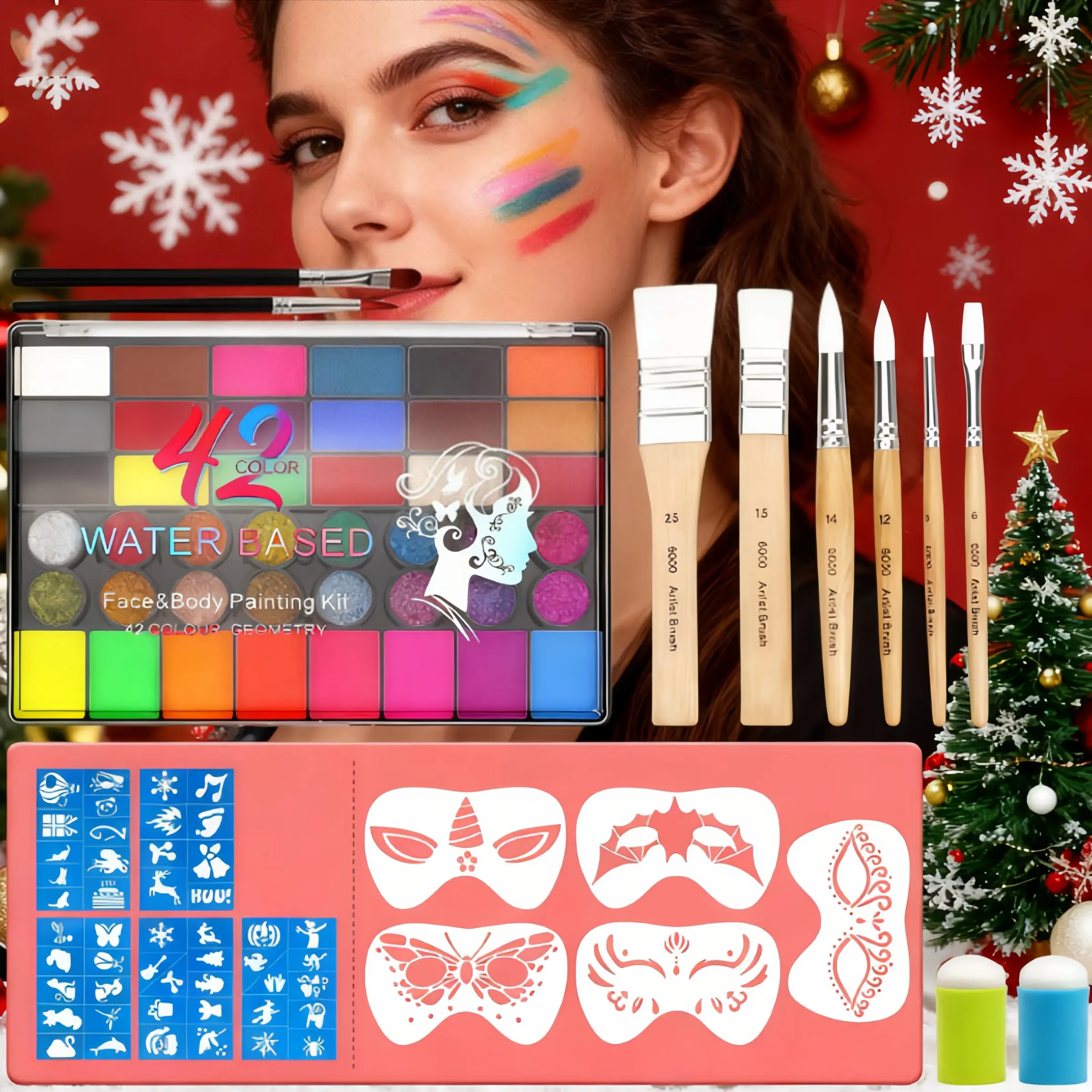 Christmas Fun Holiday Gift Set, 42 Color Water-Soluble Body Paint Kit, Includes 10 Templates, 2 Finger Covers, 8 Brushes, Easy Clean