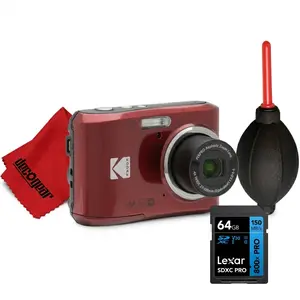 Kodak PIXPRO FZ45 16MP Digital Camera, Red Bundle with Lexar 64GB Memory Card