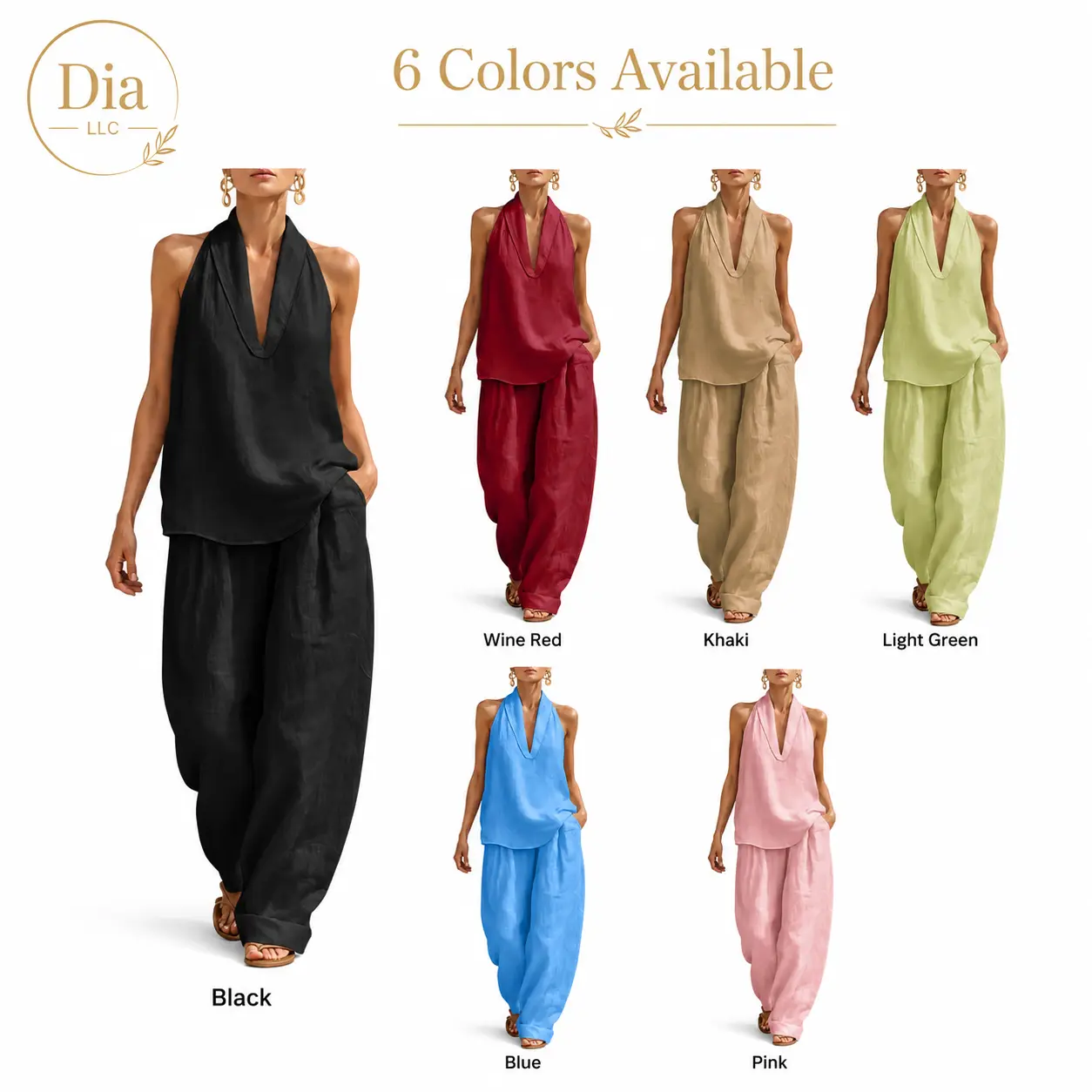 2 Piece Linen Look Lounge Set Sleeveless Halter Top Wide Leg Pants Casual Summer Outfit