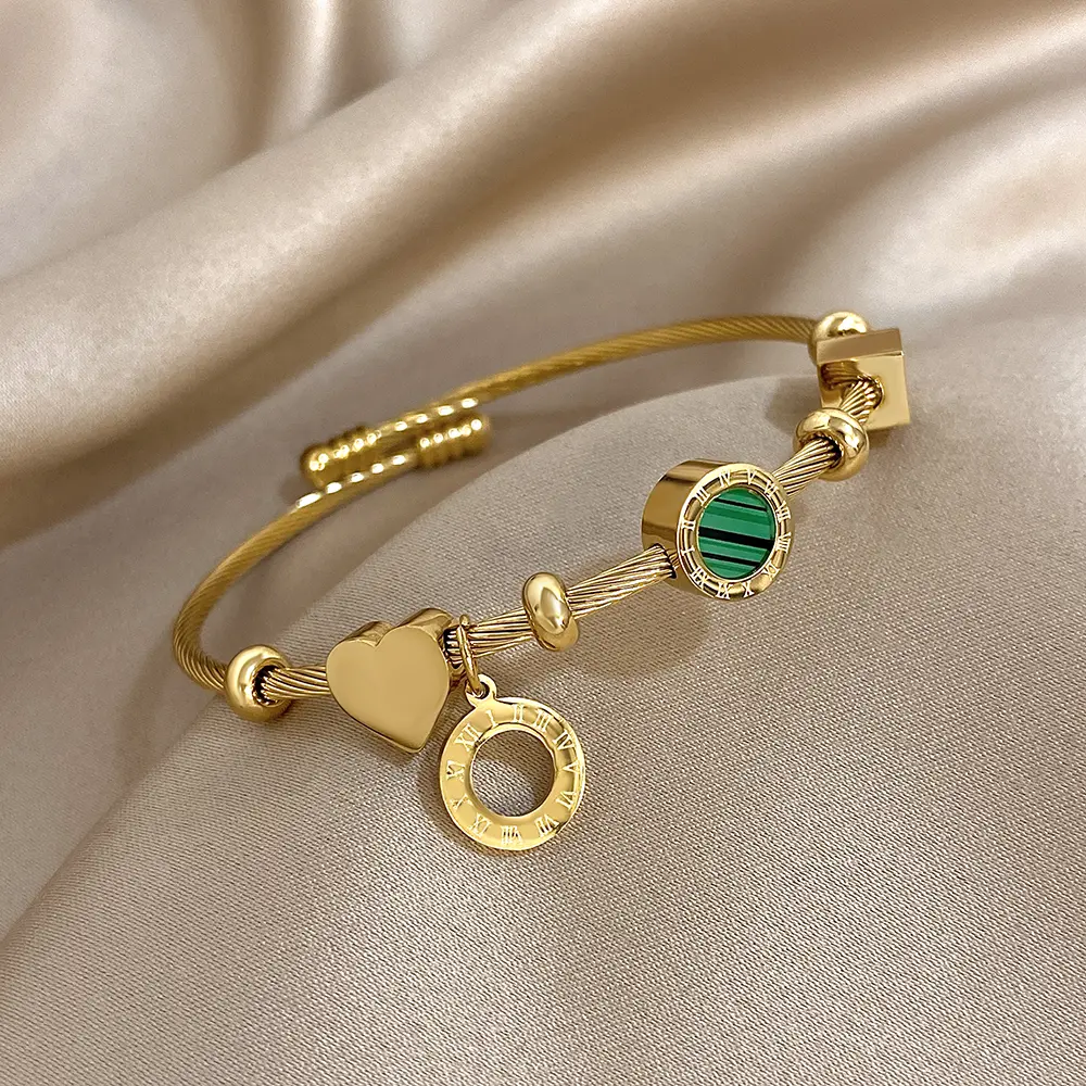 Elegant Gold Twisted Cable Cuff  for Women, Roman Numeral Heart & Butterfly Charm Bangle, Green Stone Jewelry Gift bracelet permanent