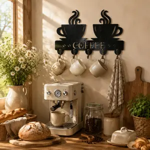 Bless This HOME Wooden Wall Hook Rack, 5 Hooks for Keys, Mugs, Coats and Bags,Wooden Wall Mounted Key Hook, Coffee Cup Shape, Durable Storage Hook,  Suitable for Bedroom Kitchen Entryway Office