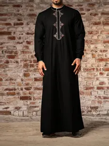 Men's Long Sleeve Shirt Casual Muslim Embroidered Robe, Modesty Thobe, Comfortable and Stylish, Perfect for Daily Wear, High-Quality Fabric
