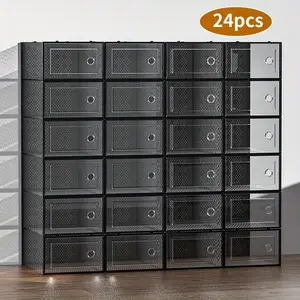 6/12/24-piece large-capacity shoe cabinet storage box, modular space-saving transparent plastic stacked shoe box with lid display box, sports shoe storage shoe rack, white and black optional