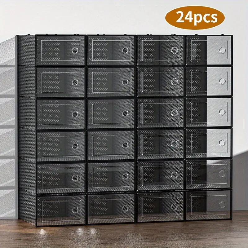 6/12/24-piece large-capacity shoe cabinet storage box, modular space-saving transparent plastic stacked shoe box with lid display box, sports shoe storage shoe rack, white and black optional, Clear Stackable