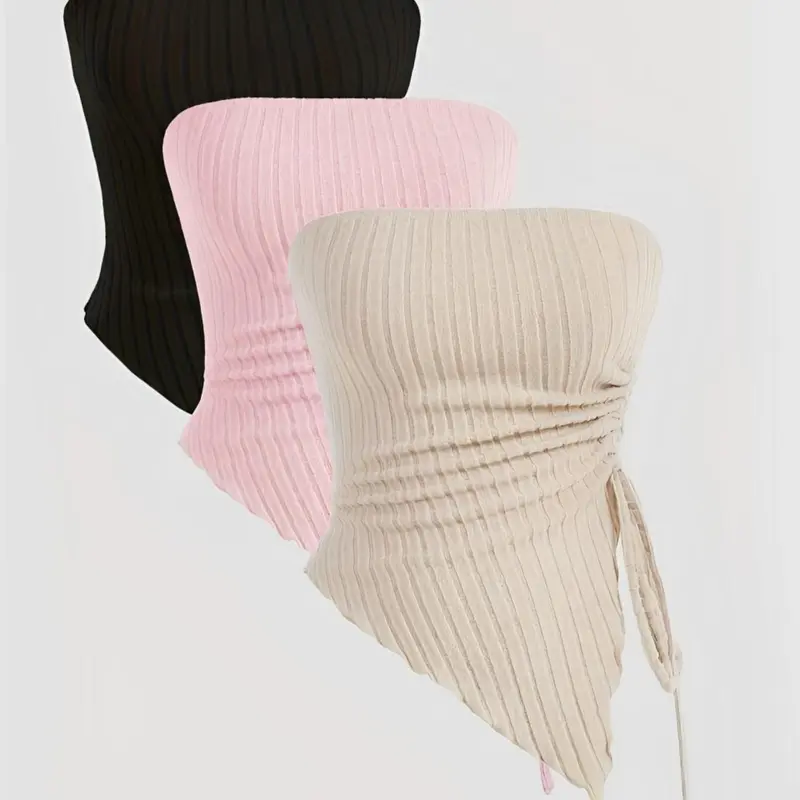 Women's Fashion Asymmetrical Strapless Tank Tops, Plain Surface Polyester Knitwear, Sleeveless Fitted Casual Top, 1/3 Pack Ladies' Clothing