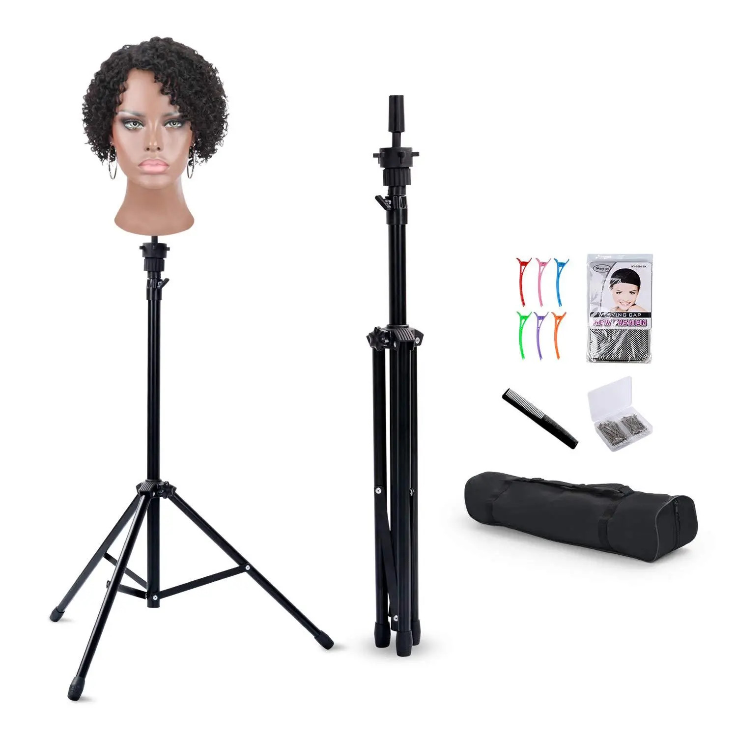 ProStyler Reinforced Wig Stand - Adjustable Tripod Mannequin Head Holder for Hairdressing Training - Includes T-Caps, T-Pins, Comb, Hair Clip, and Car
