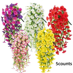 5pcs Hanging Morning Glory UV Resistant Artificial Outdoor Flowers, Faux Flowers for Planters, Home Decor, Wedding, Patio, Porch, Yard, Realistic Faux Flowers