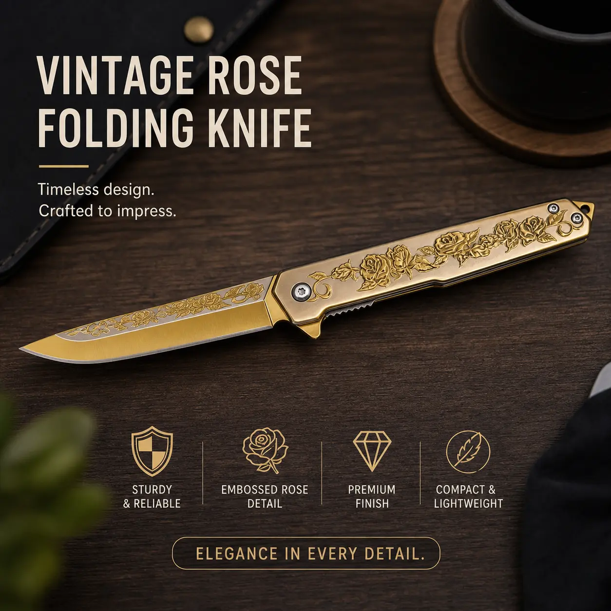 Vintage Golden Rose Embossed Folding Pocket Knife Titanium Coated Stainless Steel Blade Portable  Carry Knife With Pocket Clip Collection Decor Gift Utility For Daily Use folding knife, pocket collection knife, utility knife