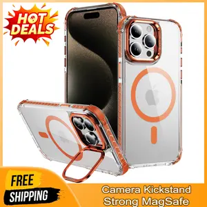 Heavy Duty Shockproof Camera Stand Clear Transparent Case for Apple iPhone 13 14 Plus 15 16 17 Pro Max MagSafe Compatible with Built-in Stand & Super Strong Magnet