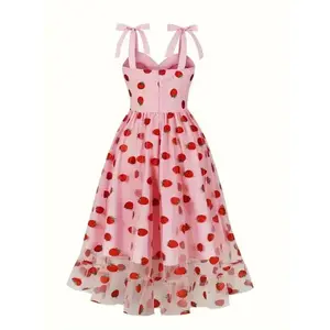 Beautiful women's clothing Women's 1950s Retro Vintage Dress Adjustable Spaghetti Straps Mesh Strawberry Swing Dress Cocktail Dress Formal Womenswear(Sheet)