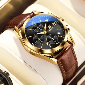OLEVS Watch Quartz Movement for Men Leather Casual Chronograph Analog Dress Strap 30M Waterproof Luminous Fashion Easy to Read Gold Case Mans Watches