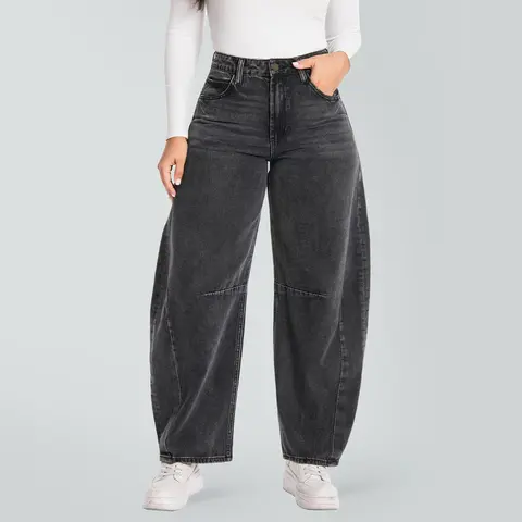Women's High Waist Barrel Jeans, Oversized Silhouette Pants in Non-Stretch Rigid Denim Fabric with Functional Pockets and Zipper Fly Daily Outfit Fall Fashion