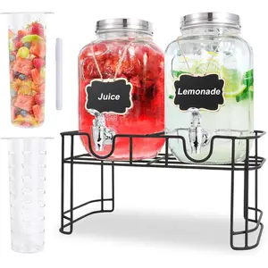 1 Gallon Glass Drink Dispensers Set of 2 with Fruit Infuser & Stand, Juice Beverage Dispenser for BBQ Picnic Party, Can be Used as Laundry Detergent Dispenser
