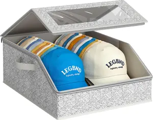Sturdy Hat Storage for Baseball Caps, Holds up to 24 Caps Clear Hat Organizer for Closet, Bedroom, Wide Hat Box with Cardboard (Grey)