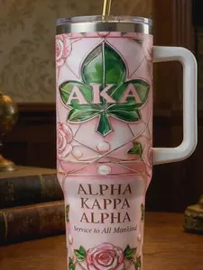 Alpha Kappa Alpha Tumbler with Handle – AKA Sorority Luxury Mug, Pink & Green Stainless Steel Cup, Perfect AKA Gift