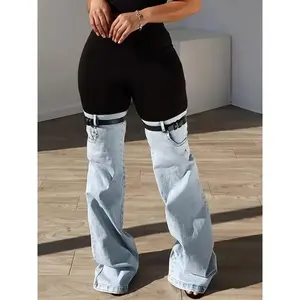 High-Elastic Women’s Two-Tone Trendy Patchwork Jeans with Garter Belt Detail – Unique Streetwear Color-Block Design