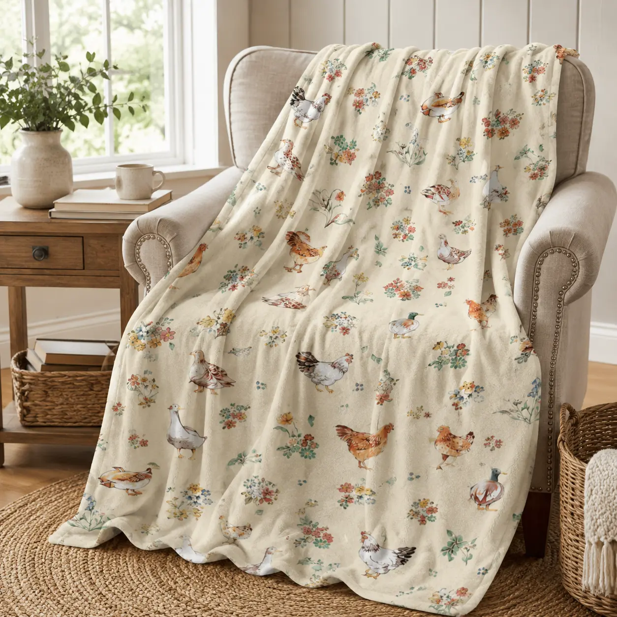 Farm Chicken Duck Floral Flannel Throw Blanket, Soft Fuzzy Plush Blanket for Couch & Bed, All Season Cozy Warm, Vintage Watercolor Farm Bird Wildflower Print, Country Farmhouse Decor, Lovely Cottagecore Gift, Neutral Rustic Bedroom Living Room