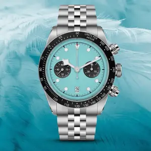 Men Sport Racing Chrono Blue Flamingo Automatic Steel Homage Custom Watch