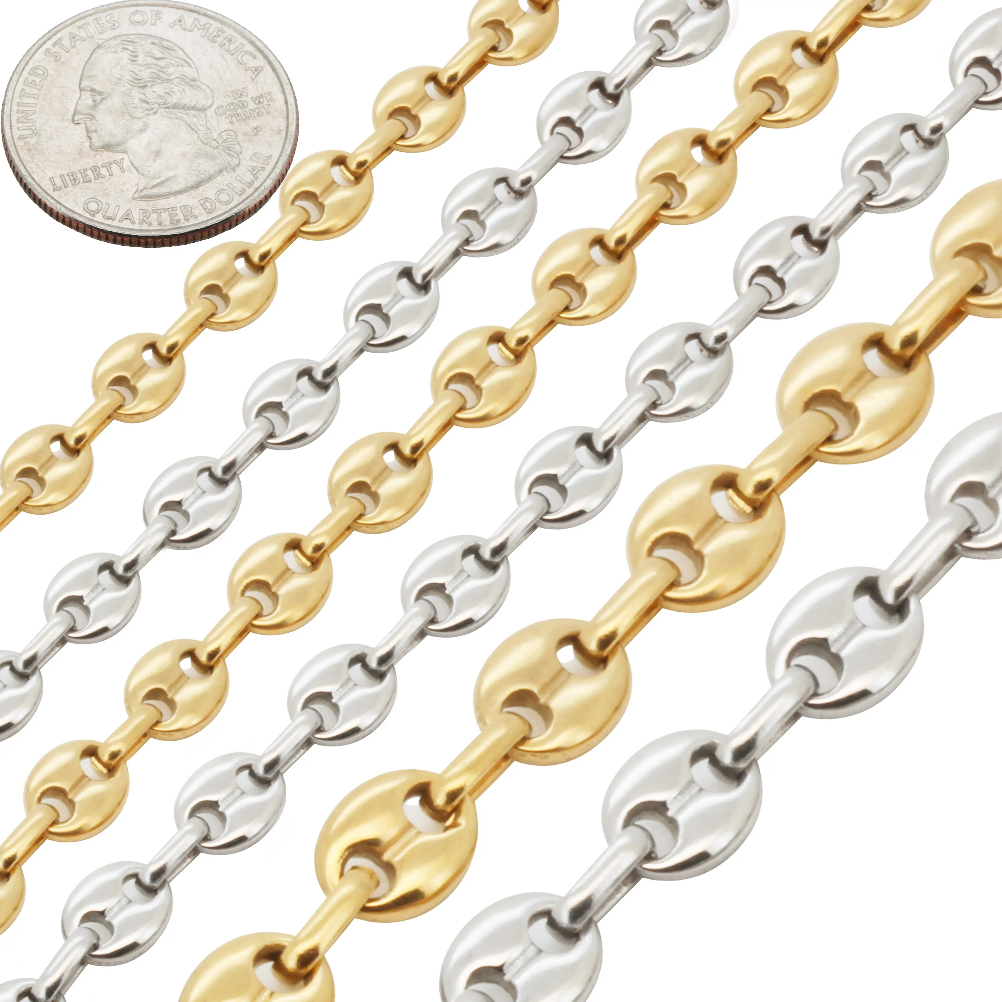 316L Stainless Steel 18k Yellow Gold Plated 6.5-10mm Mariner Link Chain Necklace Bracelet 8.5”-24”