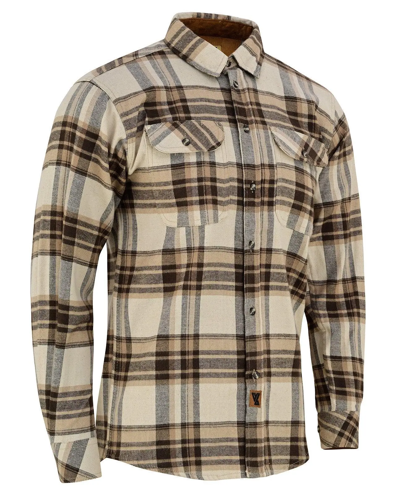 Men's Coffee & Cream Long Sleeve Plaid Button Down Casual Flannel Shirt, Corduroy Cuffs