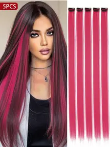 Hot Pink Colored 5PCS Clip-In Hair Extensions – 20 Inch Long Straight Synthetic Strands for Women, Perfect for Special Events & Dress-Up Styles
