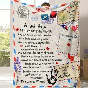 Vintage Spanish Love Letter Flannel Blanket |   Ultra-Soft Polyester, All-Season Comfort |   Vibrant Geometric & Heart Motifs |   Ideal For Travel & Home Decor |   Perfect Gift For Son From Mom On Anniversaries, Birthdays, Christmas, Thanksgiving