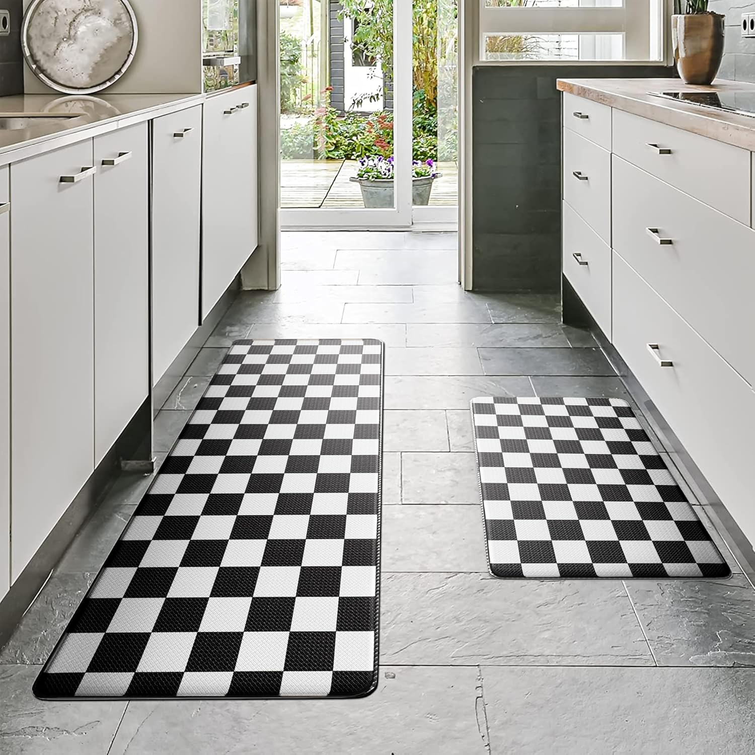 Black Checkered Grid Checkerboard Kitchen Rug Sets [2 PCs], Anti-Fatigue, Waterproof Non-Slip Kitchen Mats Heavy Duty Ergonomic Comfort Foam Rug for Floor, Home, Laundry,17"x29"+17"x47"