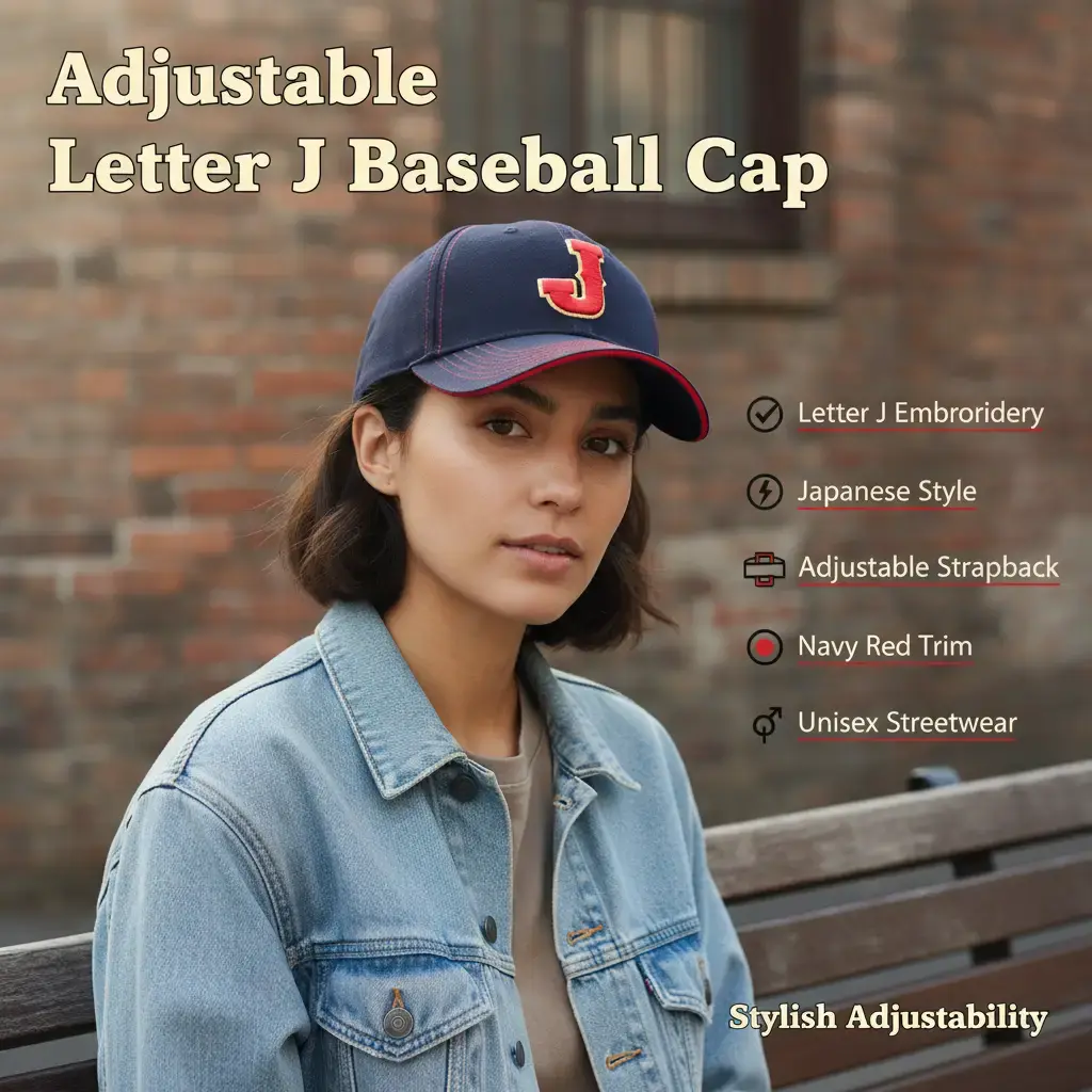 Unisex Japanese Style Baseball Cap with Letter J Embroidery, Polyester Dad Hat with Adjustable Strapback for Sports Party & Travel, Curved Brim, One Size Fits