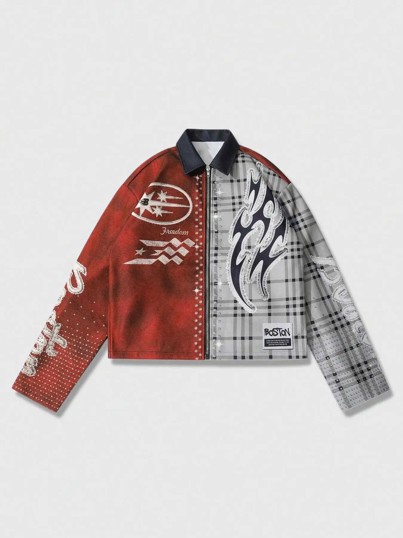Men's Y2K Retro Racing Jacket with Asymmetric Checkered Sleeves – Cyberpunk Star Graphic Streetwear, Oversized Hip Hop Bomber Coat for Night Out & Urban Styling