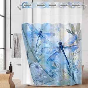 1PC/4PCS 2D Flat Printing Spring Joy Blue Dragonfly Flowers and Grass Patterned shower curtain, home bathroom decor, shower curtain set with 12 hooks, non-slip bathroom rug, U-shaped toilet seat cover, toilet seat mat, Bathroom Decoration Accessories