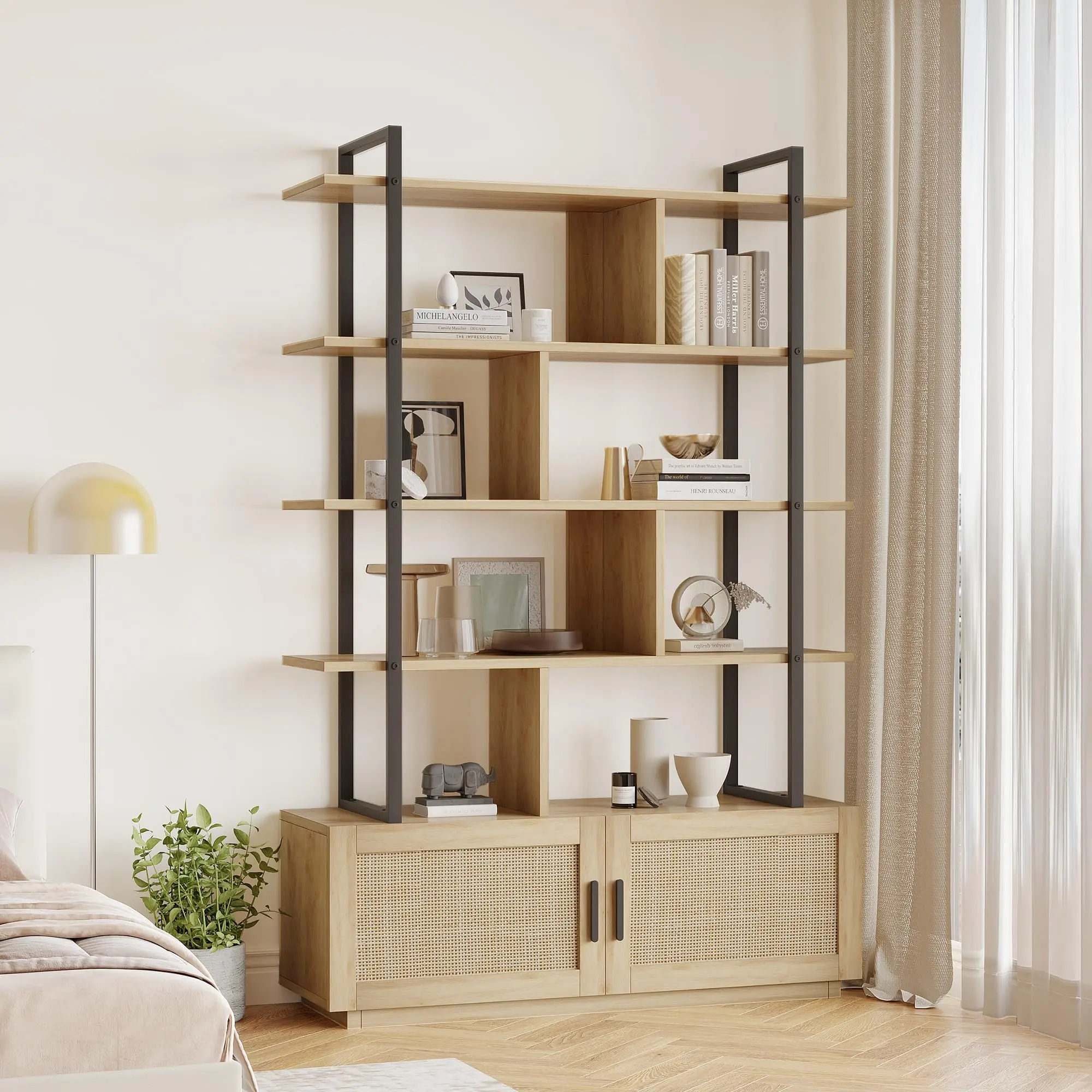 Rattan Bookshelf 71.1" Tall Industrial Bookcase with  5 Open Display Shelves and Metal Frame for Living Room, Modern Home Storage Solution wood